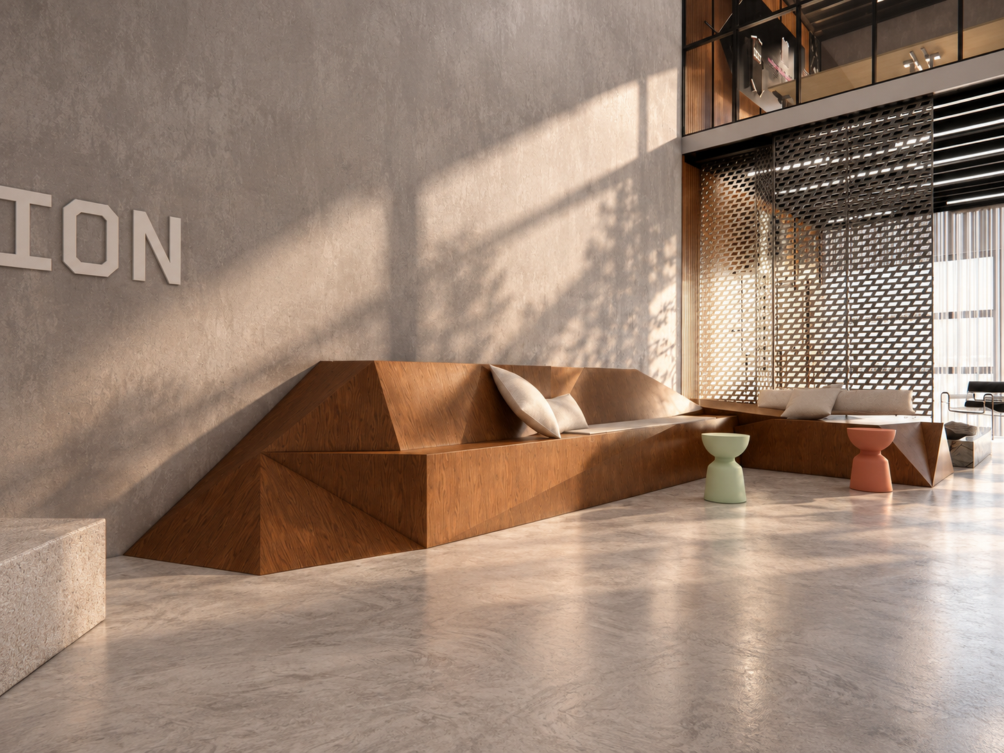 custom timber seating creates a relaxed breakout area designed for informal meetings, conversation and downtime.