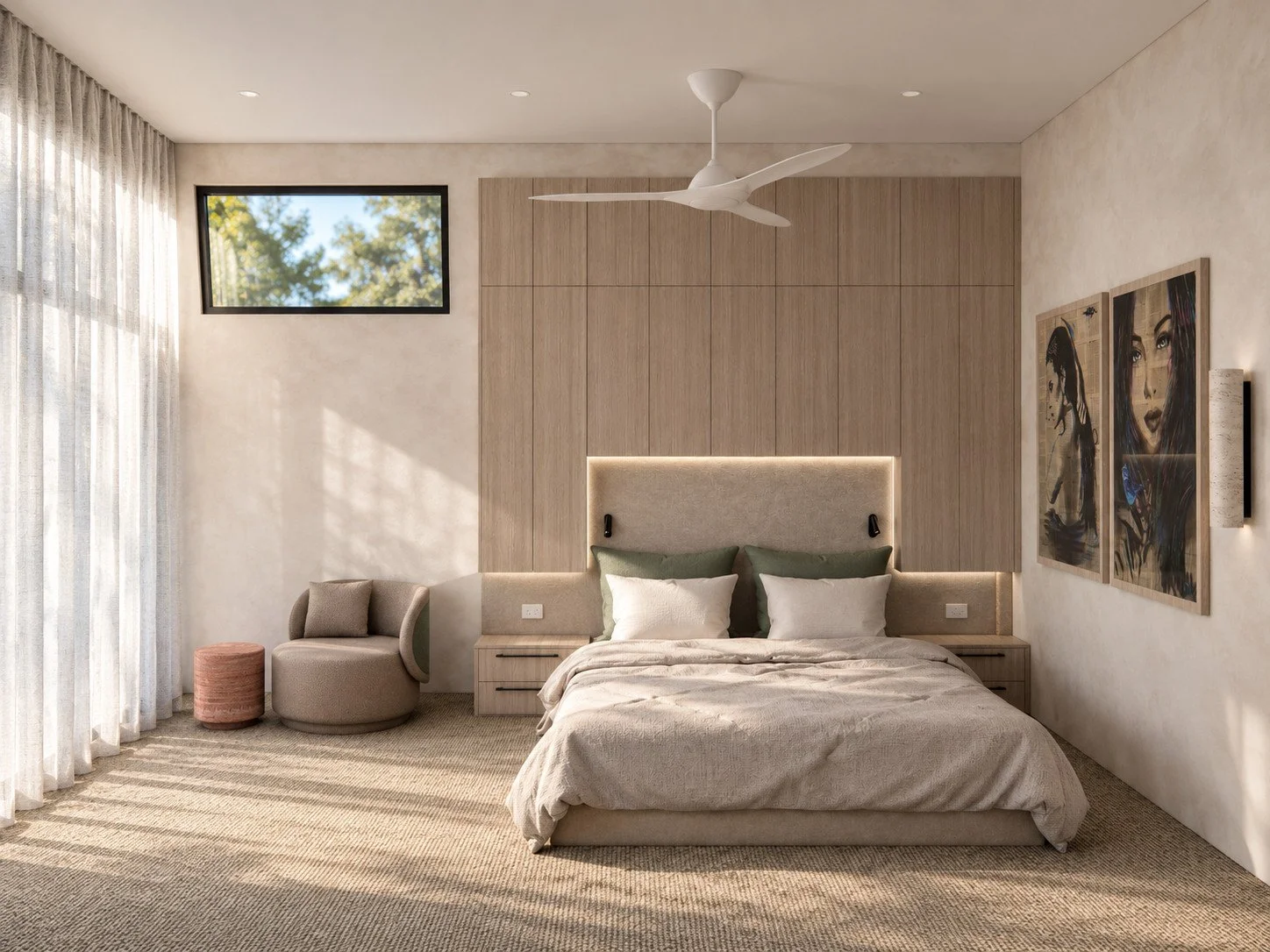 Dune studio bedroom visualisation with a custom storage bedhead, integrated lighting, timber cabinetry and a ceiling fan.