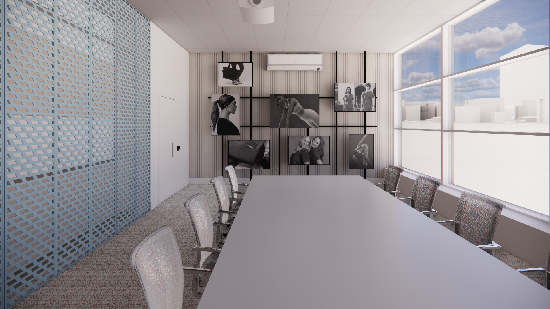 Modern conference room with a long table, nine chairs, a photo gallery on the wall, large windows showing a cityscape, and an air conditioning unit.