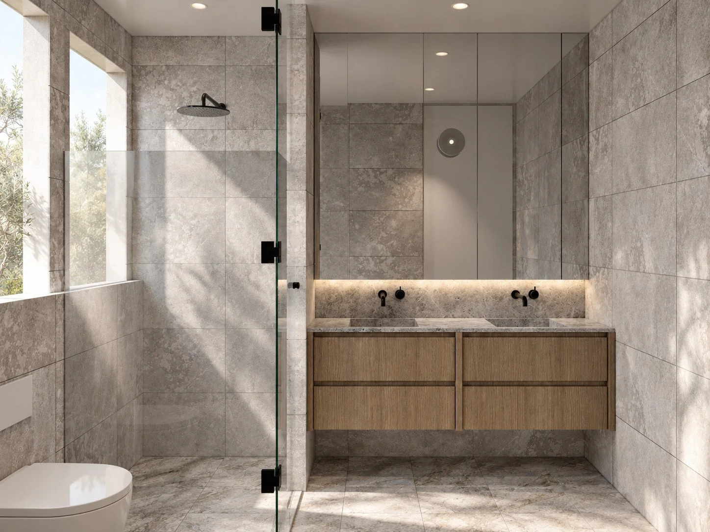 Lorde House bathroom visualisation with large-format stone tiles, timber vanity and dark shower fittings.
