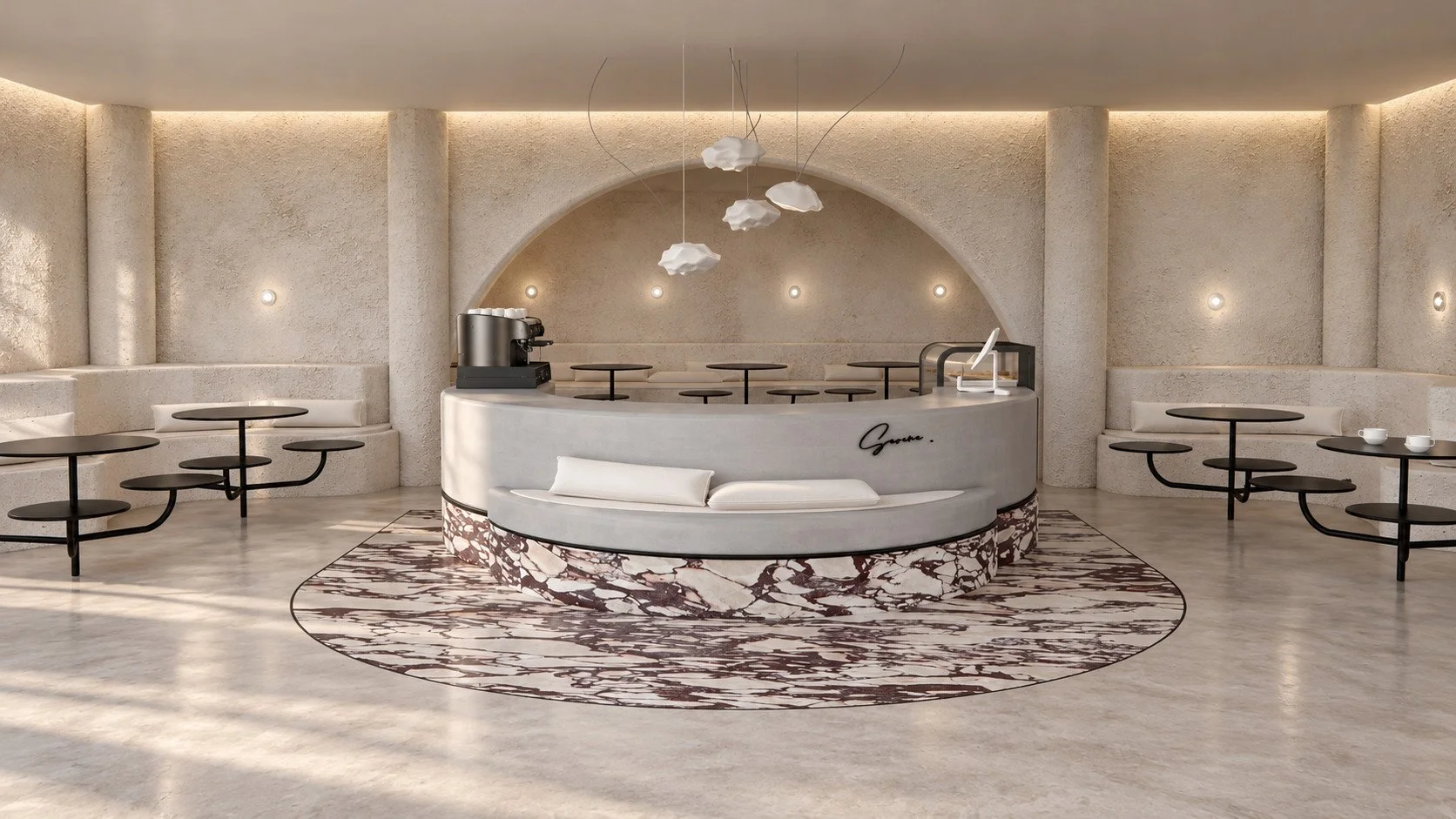 viola marble extends from the sculptural counter into a circular floor inset, framed by an arched opening and softly illuminated walls.
