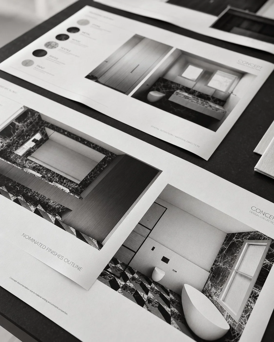 Craigneal concept presentation showing proposed interiors and material selections.