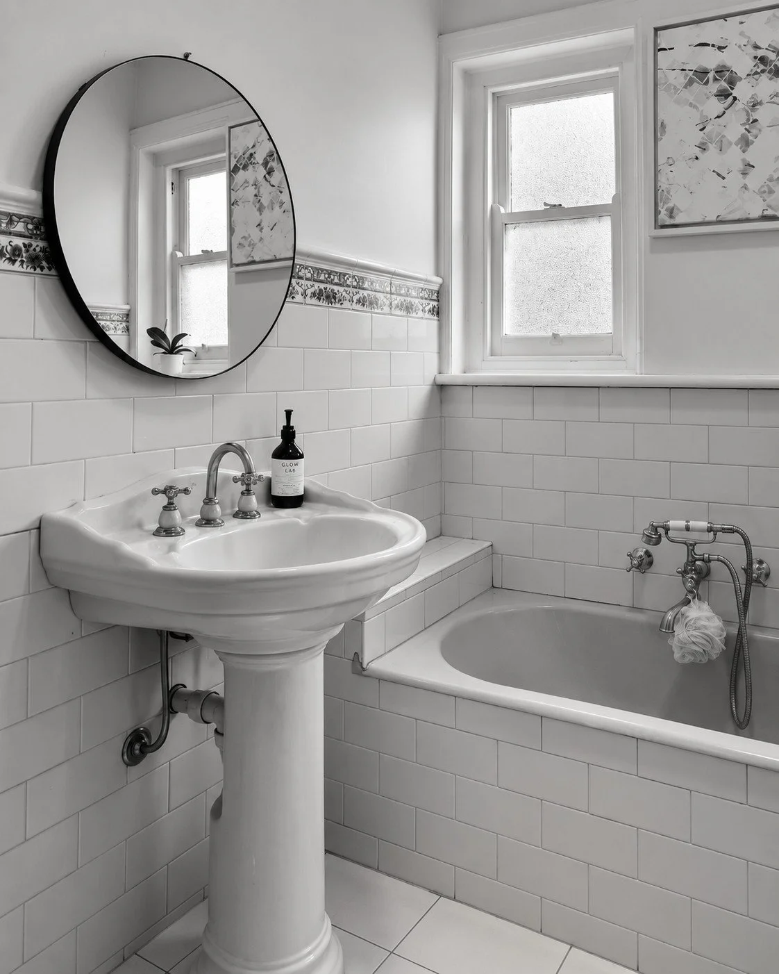 Botanica original bathroom with a pedestal basin, oval mirror and tiled bath surround.