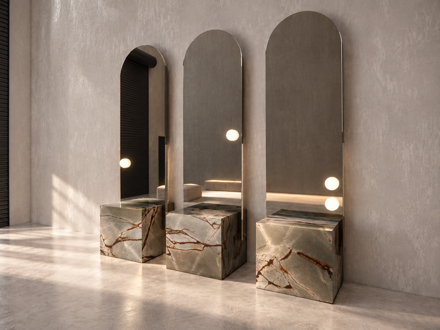 individual stone-clad stations and tall arched mirrors create a clean, elevated space for styling and preparation.