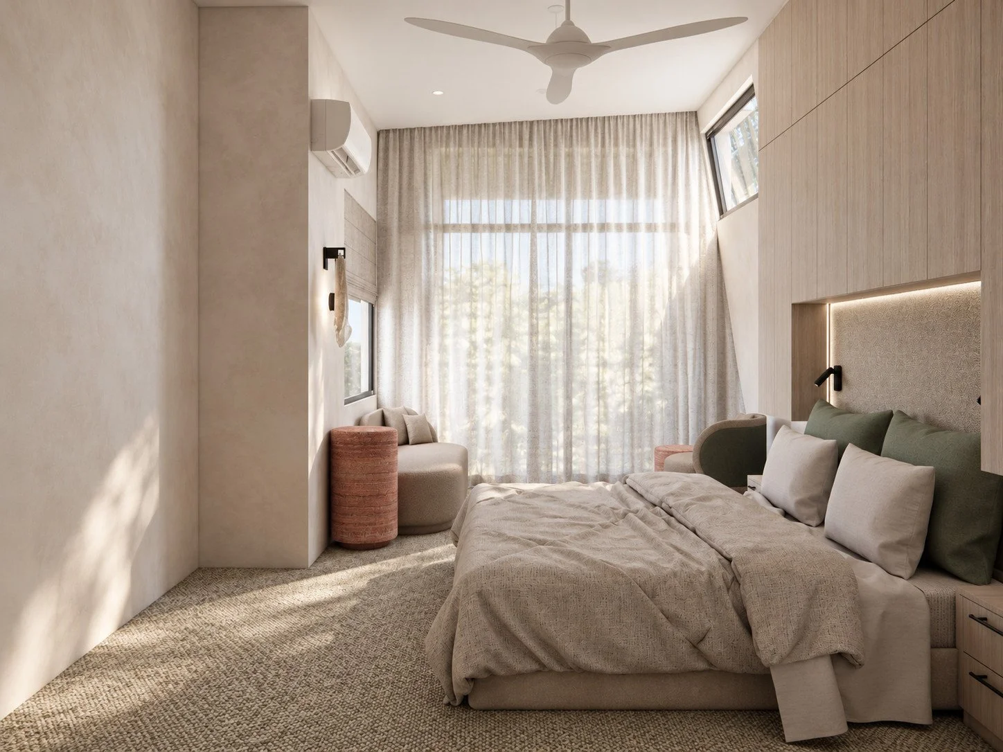 Dune studio bedroom visualisation with bespoke pale timber joinery, neutral bedding and full-height sheer curtains.