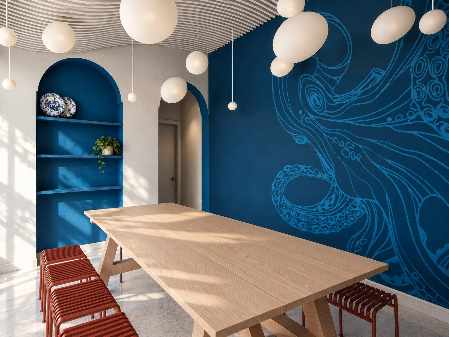 an ocean-blue octopus mural and arched display niche frame pale timber tables, red seating and sculptural pendant lights.