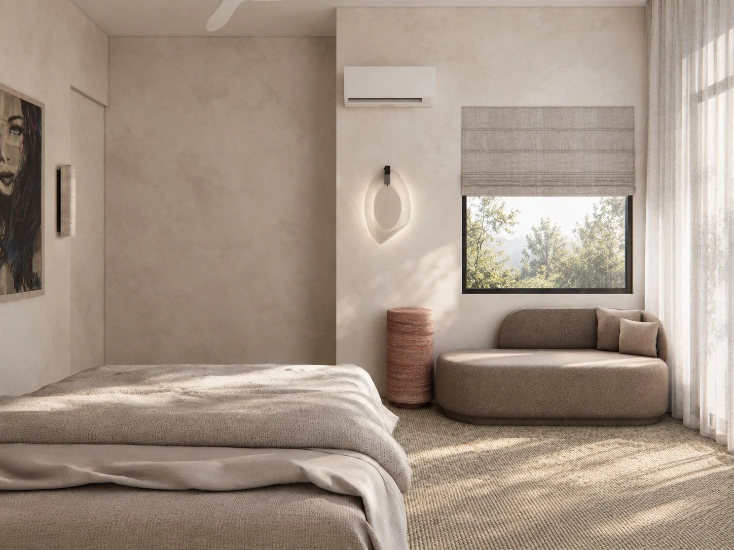 Dune studio bedroom visualisation with a curved upholstered chair, garden-facing window, textured wall finish and soft neutral textiles.
