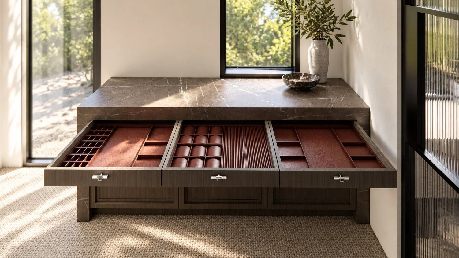 Craigneal dressing room joinery visualisation with an open compartmentalised drawer beneath a stone-topped cabinet.