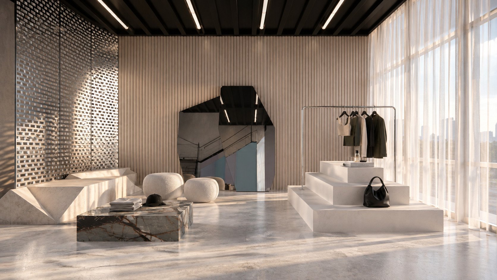 a faceted mirror and stepped merchandise plinths create a flexible presentation and photography setting, framed by timber panelling and sheer curtains.