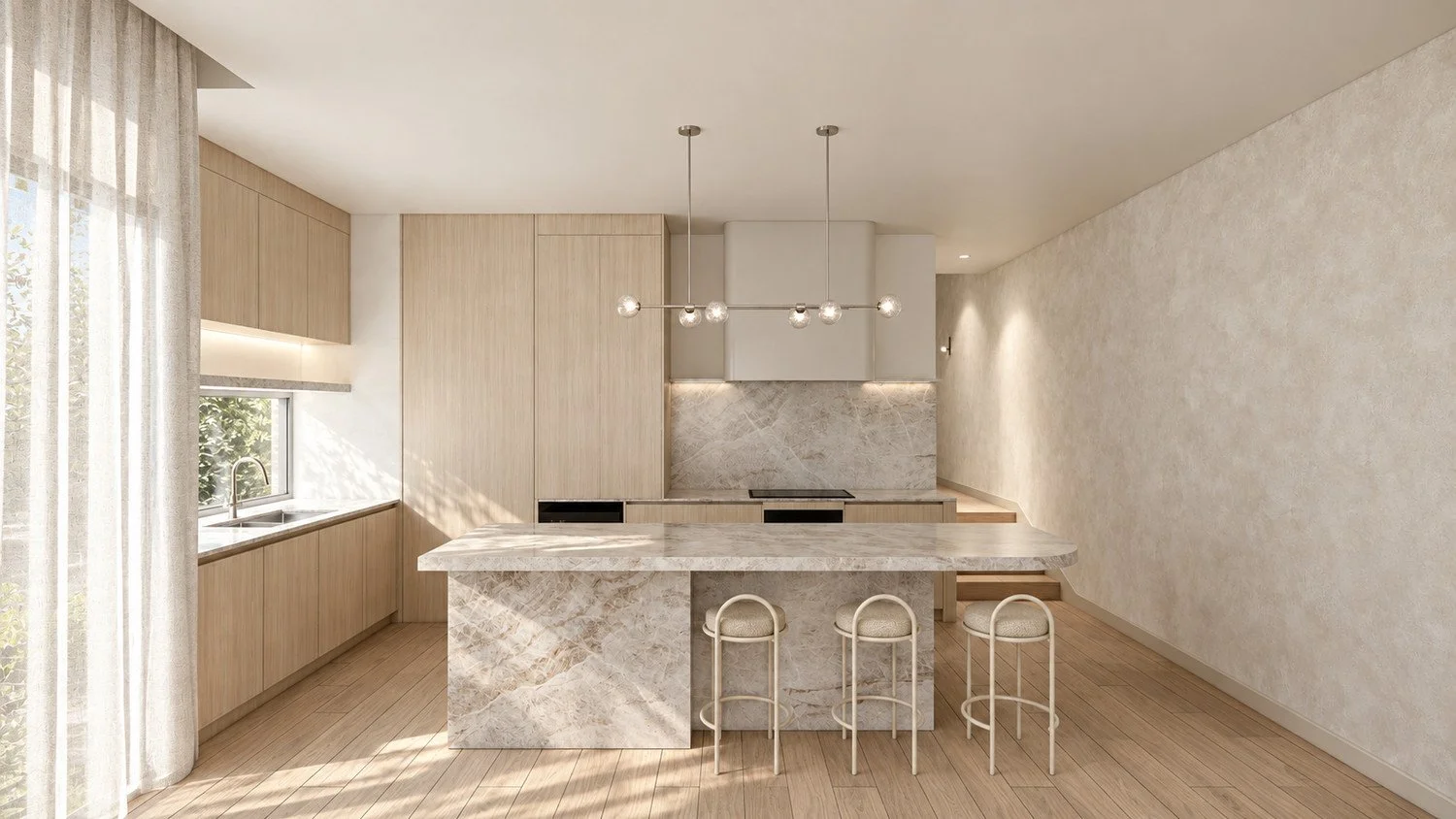 Oak kitchen visualisation with a veined stone island, pendant lighting and pale timber cabinetry.