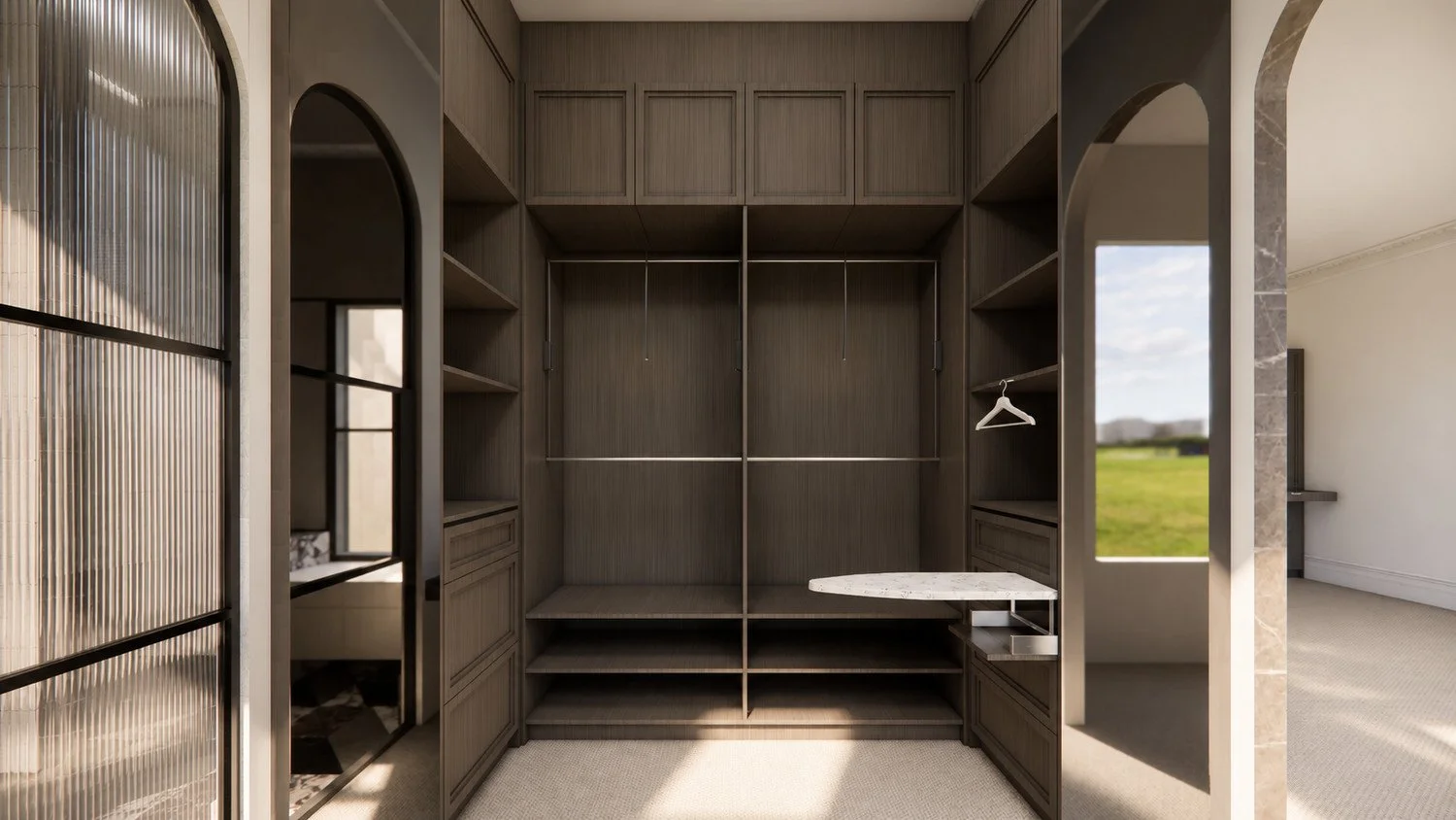 Craigneal walk-in wardrobe visualisation with open timber storage, hanging rails and an arched mirror.