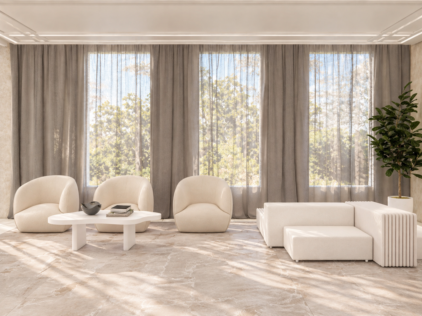 sculptural seating, sheer curtains and a restrained material palette give the waiting room a refined, residential feel.