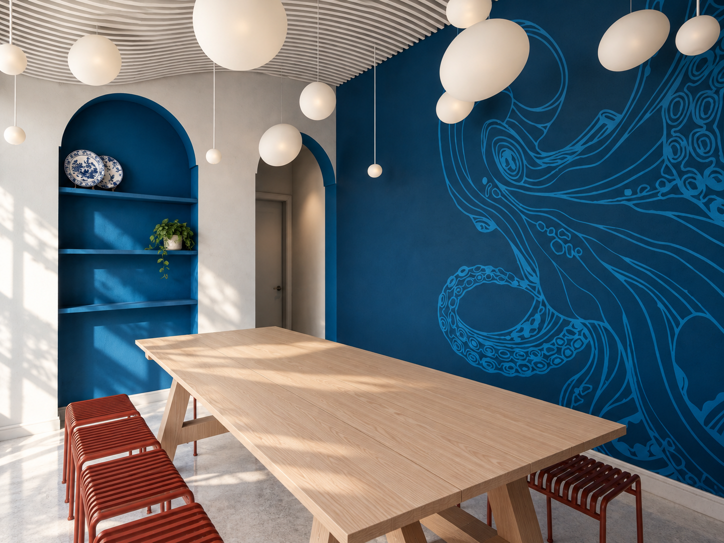 a bold blue octopus mural, sculptural pendant lighting and pale timber create a playful dining space with a strong visual identity.