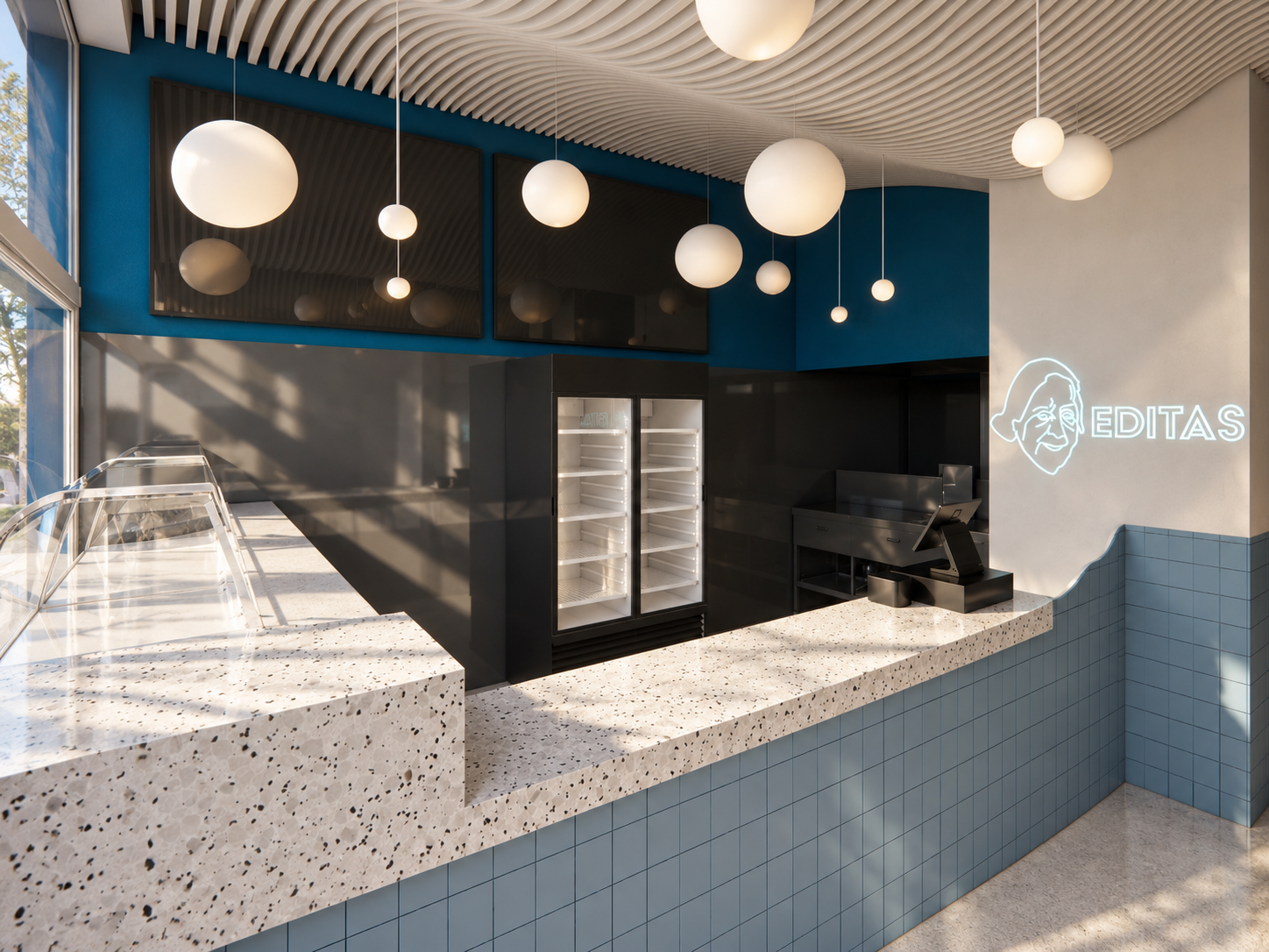 blue tiled joinery, terrazzo-style benchtops and graphic branding give the service counter a clean, contemporary presence.