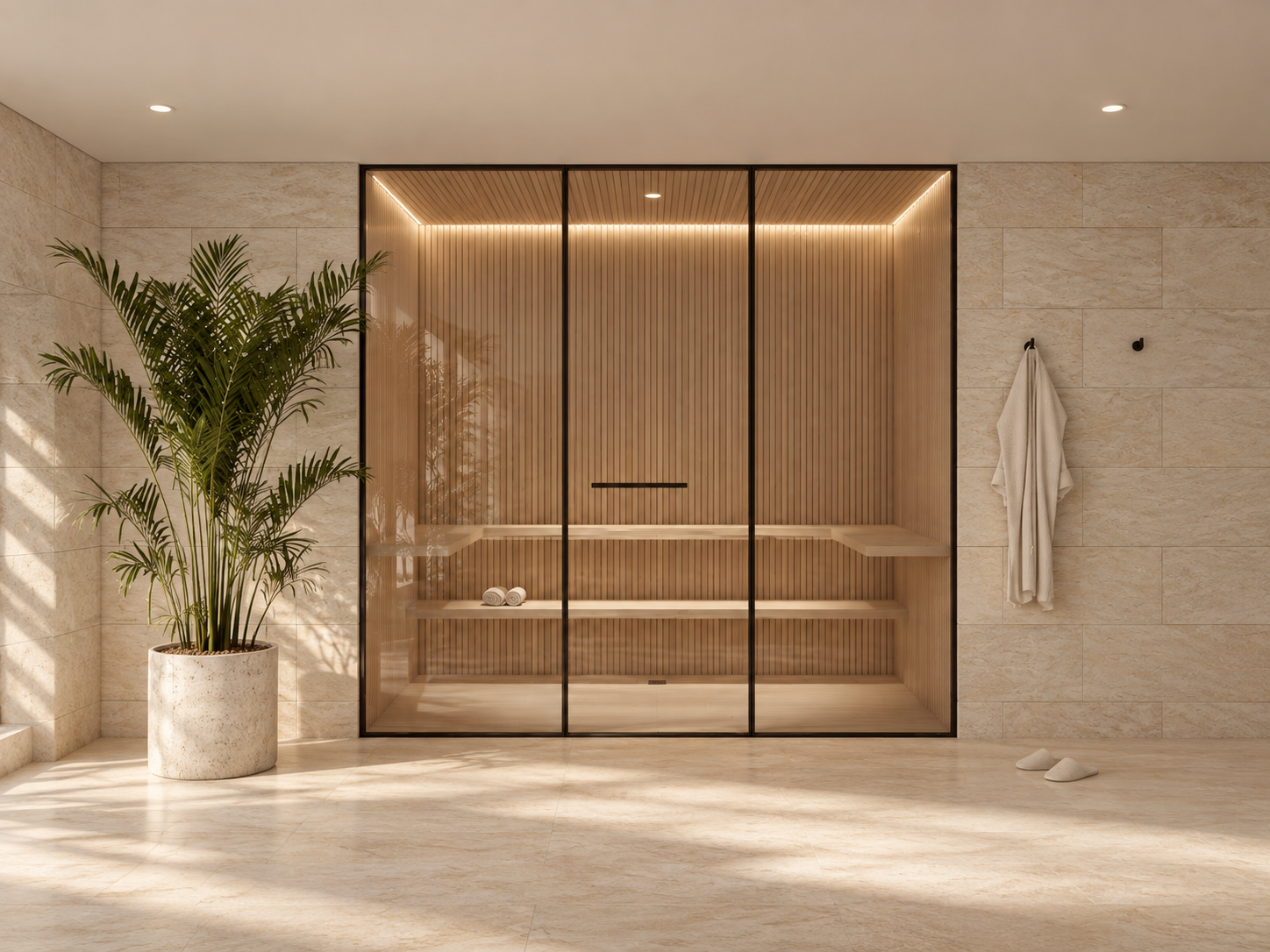 a glass-fronted timber sauna becomes a warm focal point within the wellness space, softened by natural materials and subtle lighting.