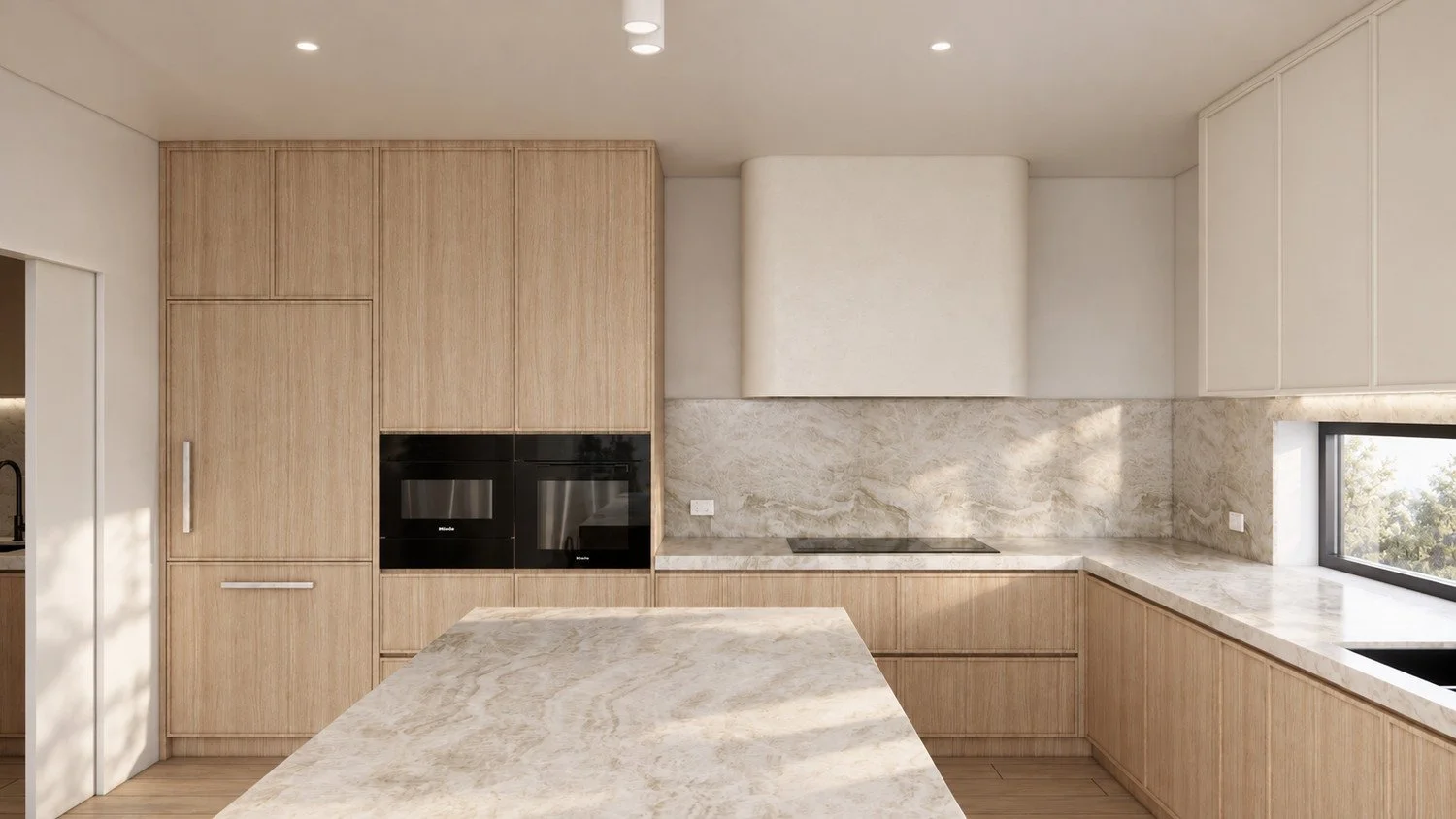 Pearl kitchen visualisation with full-height timber joinery, integrated appliances and a veined stone island.