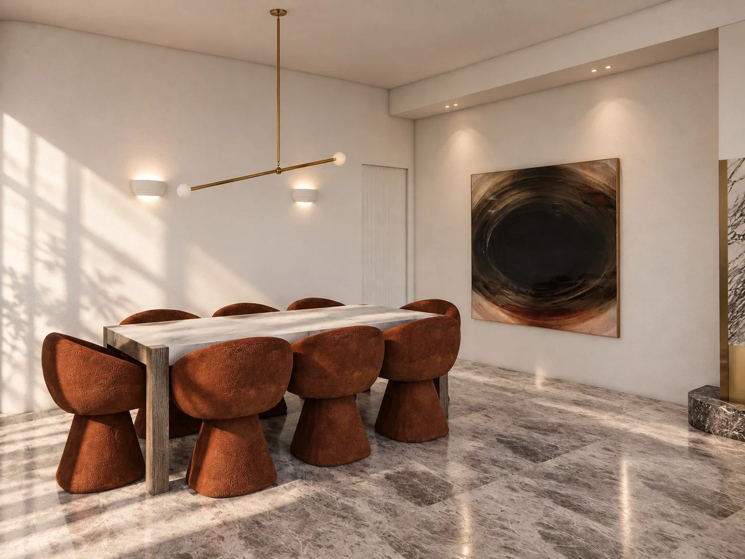 Alpine House dining visualisation with rust-toned chairs and sculptural pendant lighting.