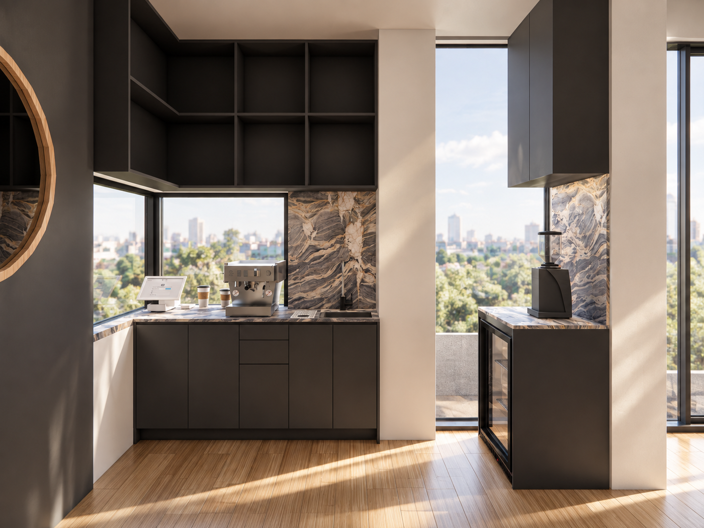 the interior brings together dark cabinetry, natural timber flooring and dramatic stone surfaces to create a highly functional café within a limited footprint.