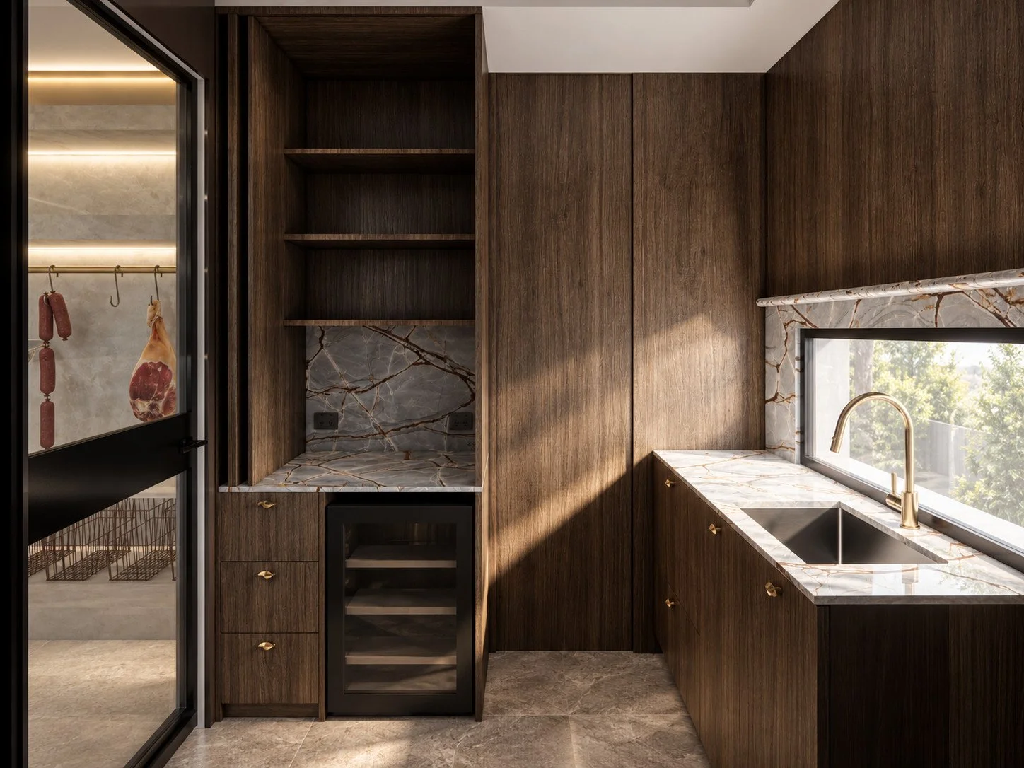 Alpine House pantry visualisation with open timber shelving, wine storage and a natural stone worktop.
