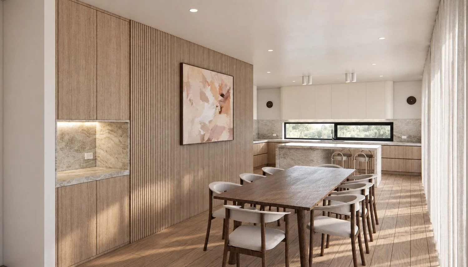 Pearl dining area visualisation with fluted timber wall panelling and a round dining table.