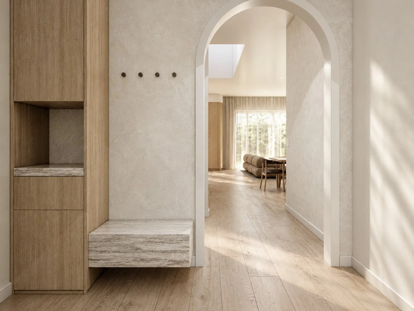 Botanica entry visualisation with bespoke timber storage, a stone bench and an arched opening.
