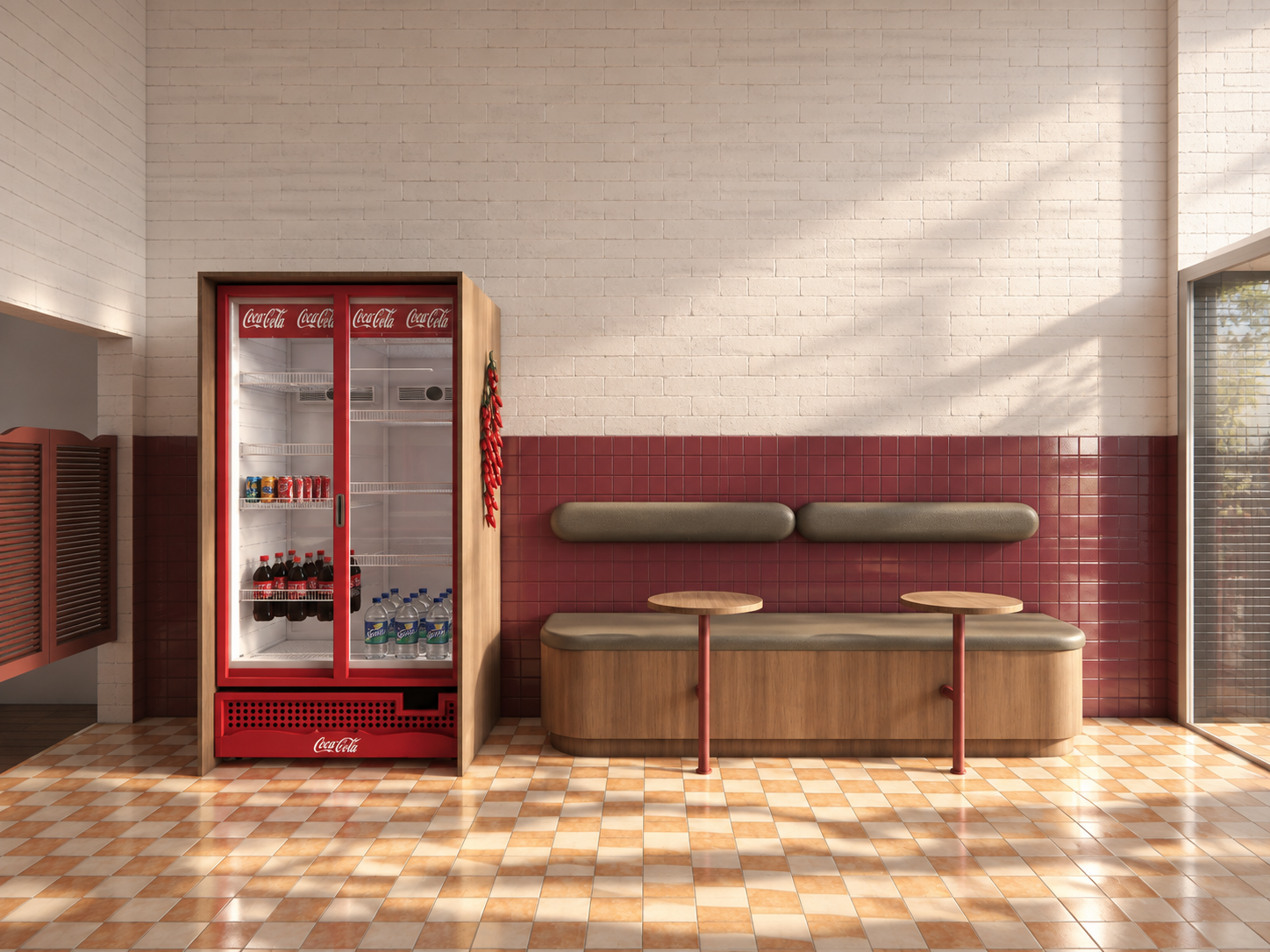 warm timber, deep red tiles and integrated seating create a compact dining zone with a relaxed, nostalgic feel.