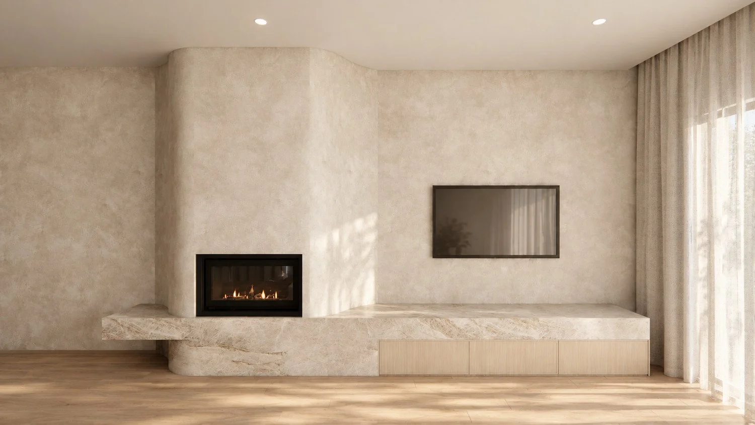 Oak living room visualisation with a curved fireplace, Taj Mahal stone hearth, integrated television and pale timber joinery.