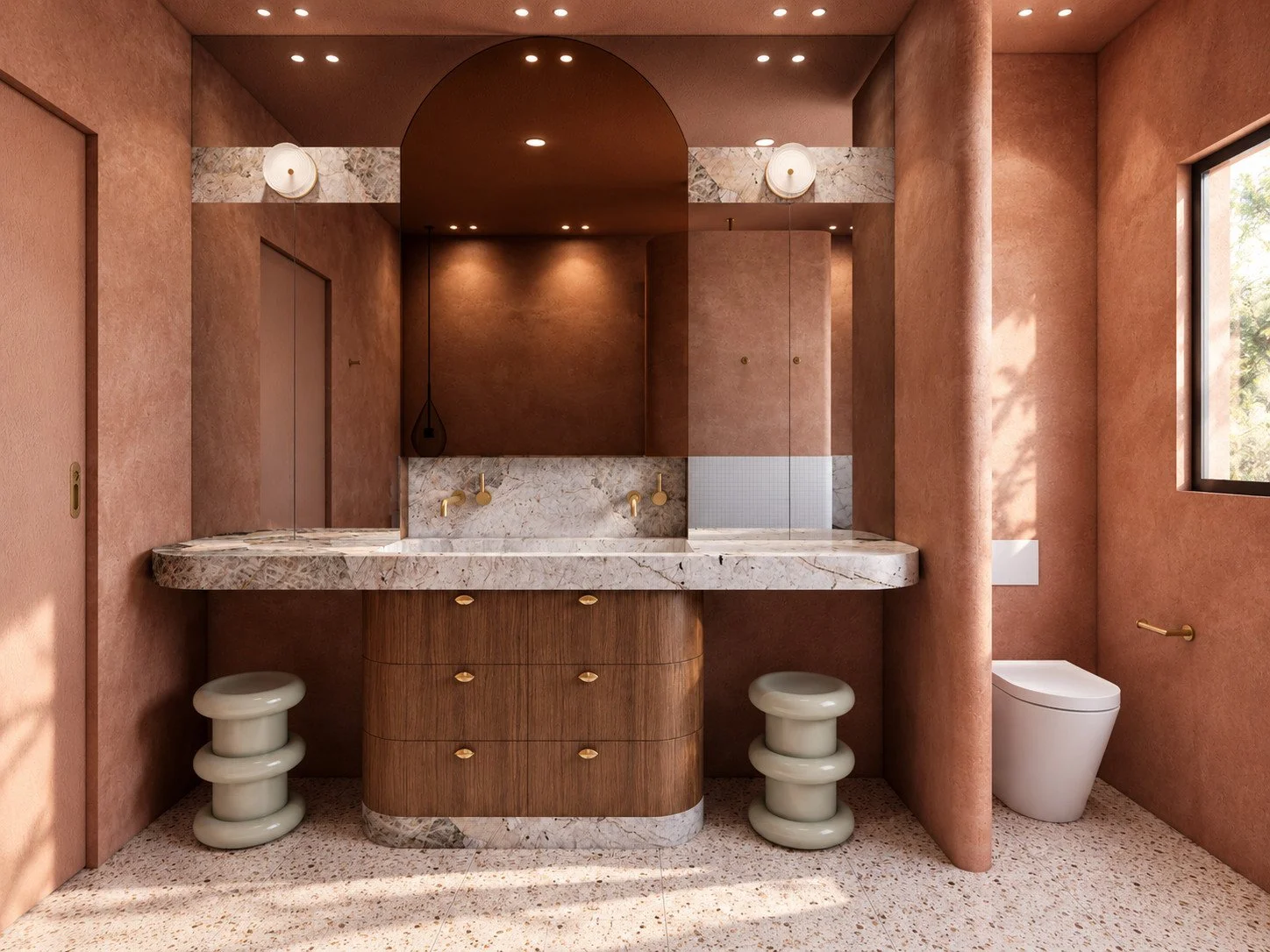 Alpine House bathroom visualisation with terracotta finishes, a stone vanity and an arched mirror.