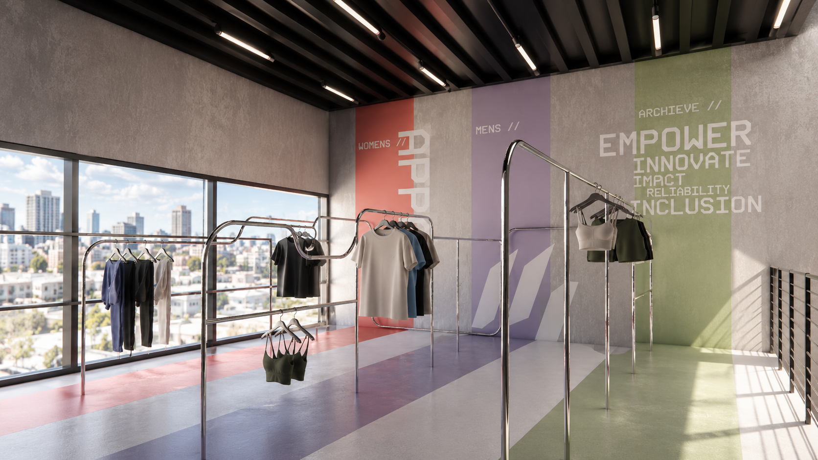 the open showroom layout combines soft colour, polished metal and natural light to create a clean, energetic retail environment.
