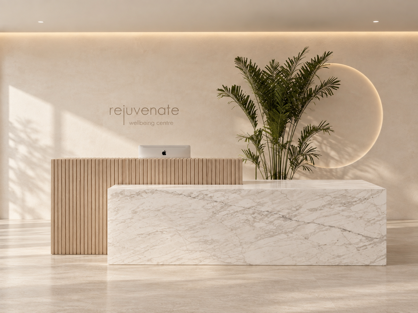 stone and timber come together at the reception to create a warm, sculptural first impression that sets the tone for the wellbeing experience.