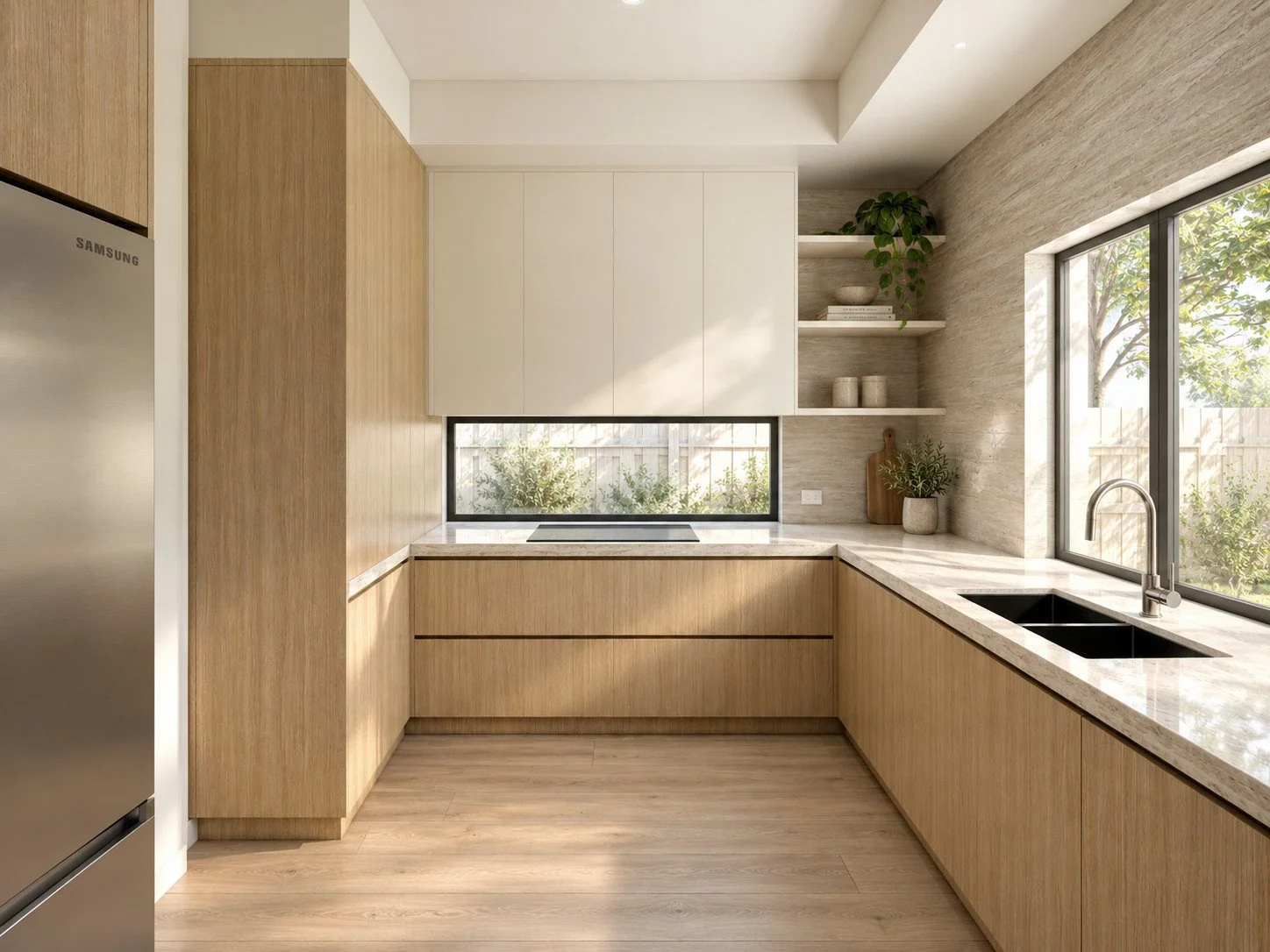 Botanica kitchen visualisation with a garden-facing window and pale timber joinery.