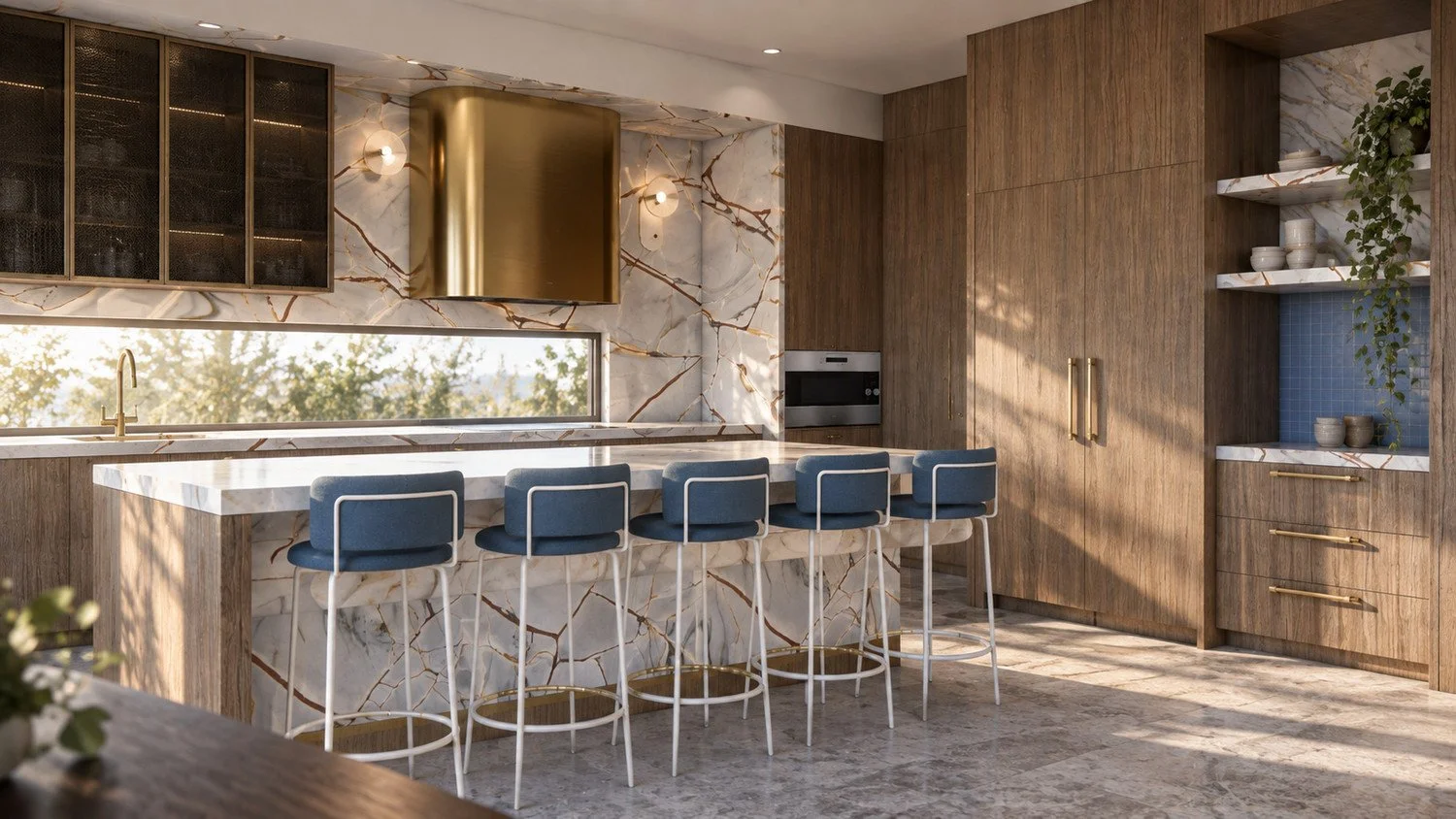 Alpine House kitchen visualisation with blue stools, natural stone island and warm timber joinery.