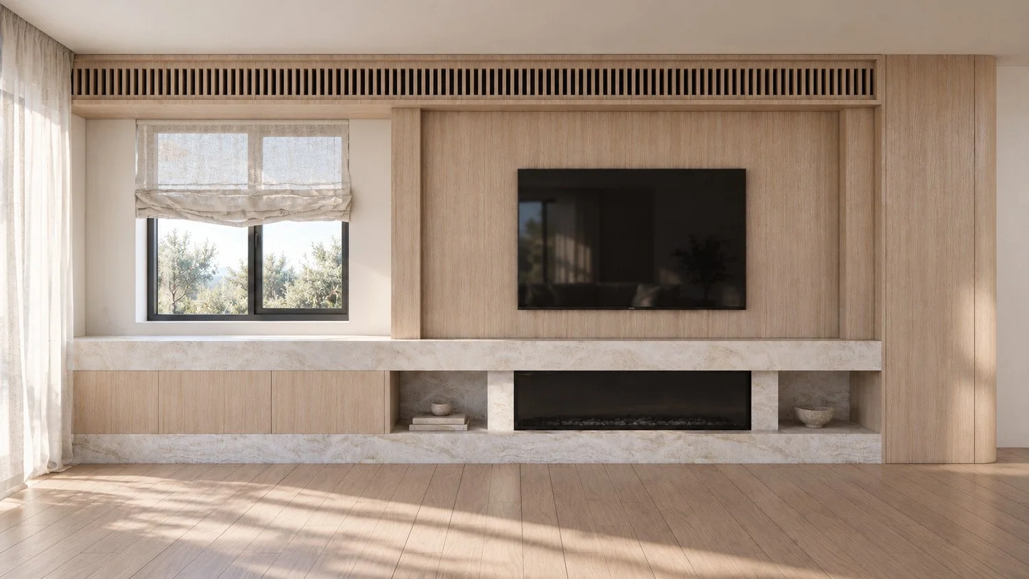 Pearl living room visualisation with bespoke timber television joinery and a low stone shelf.