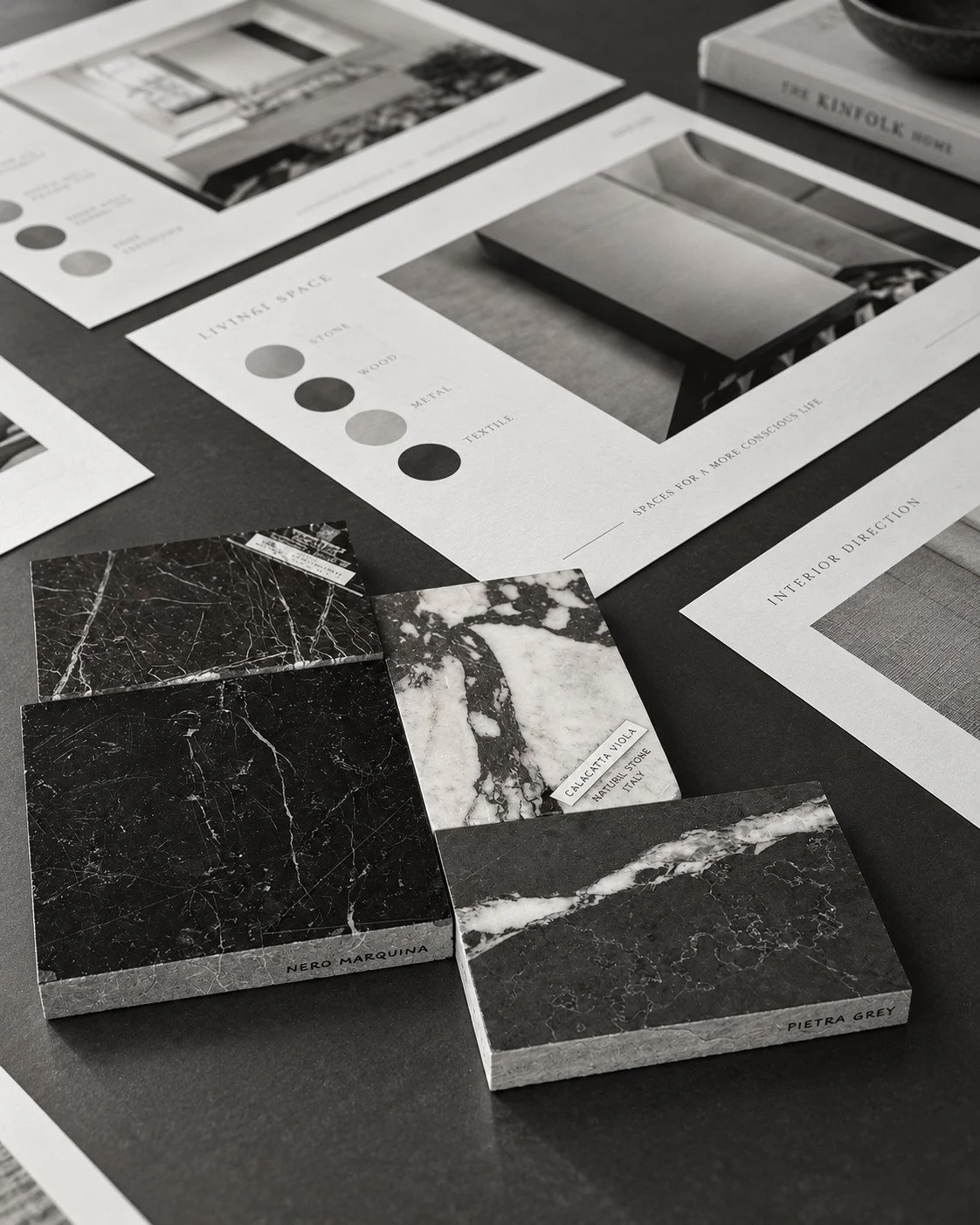 Natural stone and finish samples considered for the Craigneal renovation.