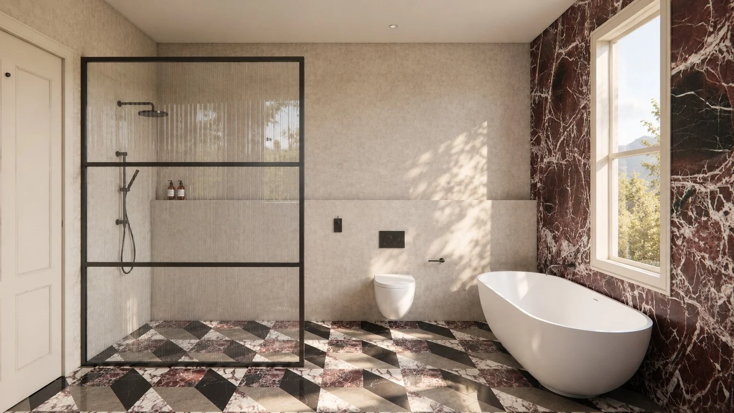 Craigneal bathroom visualisation with a freestanding bath, glazed shower, burgundy stone wall and patterned marble mosaic floor.