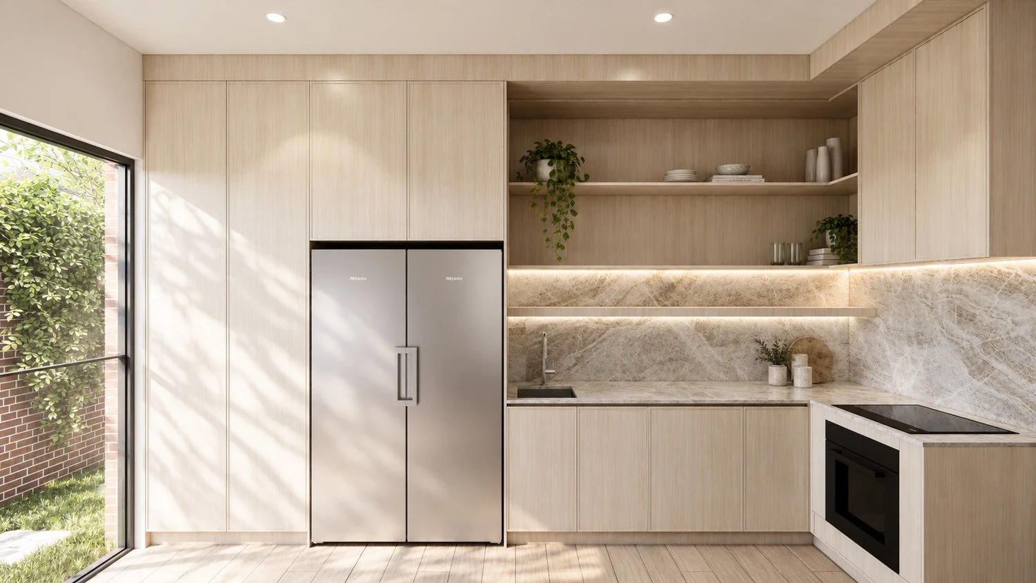 Oak kitchen visualisation with bespoke timber cabinetry, open shelving and a garden outlook.