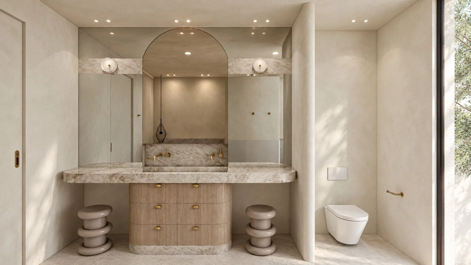 Pearl bathroom vanity visualisation with an arched mirror, paired wall lights and a stone basin.