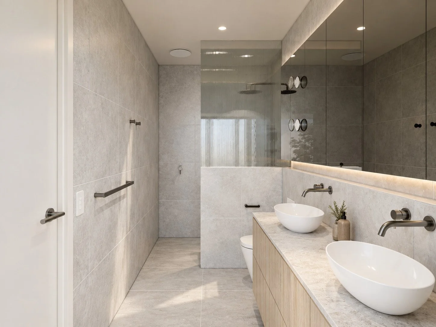 Botanica bathroom visualisation with a pale stone shower and integrated vanity.