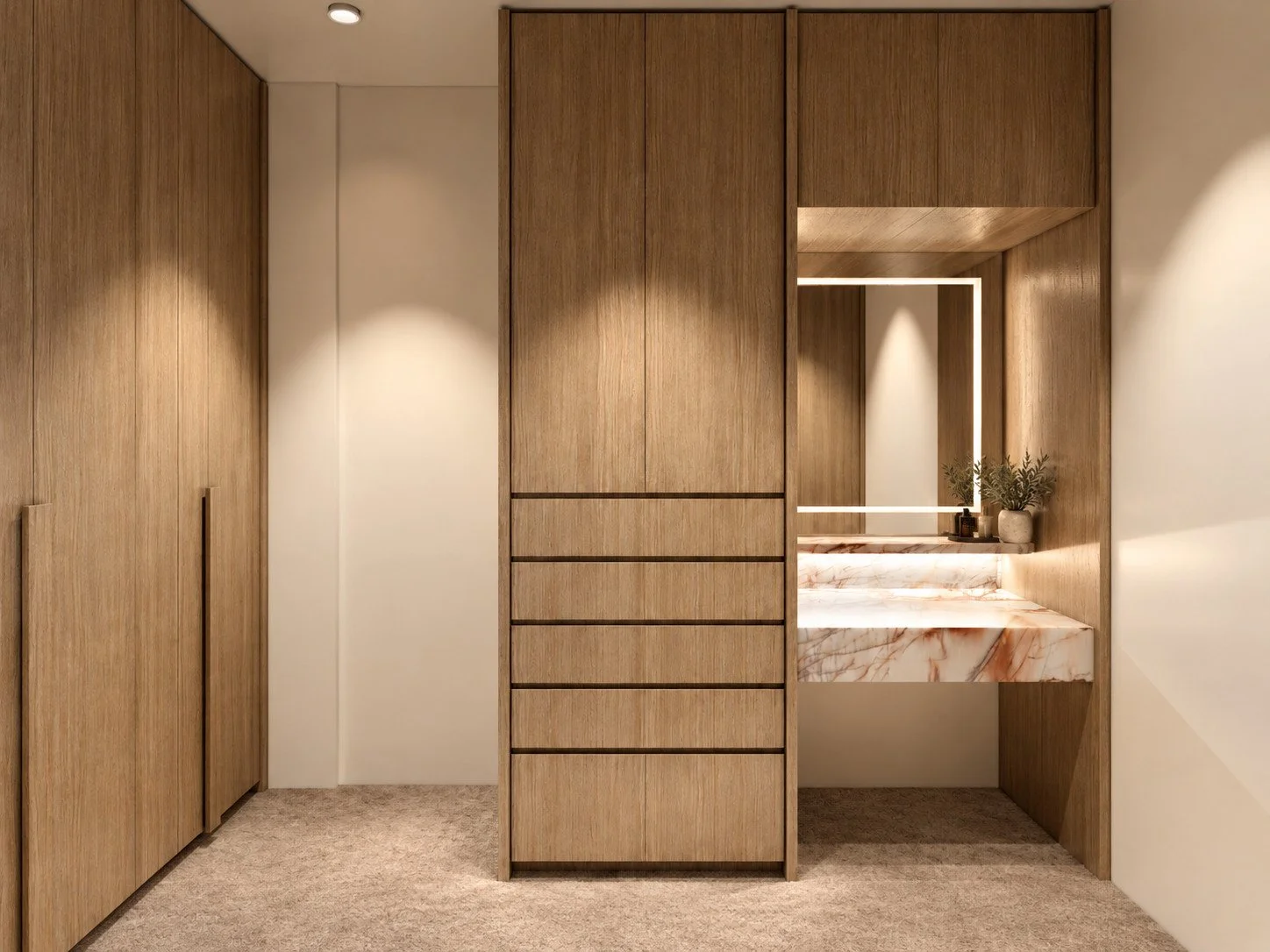 Lorde House dressing room visualisation with timber wardrobes and an illuminated vanity.