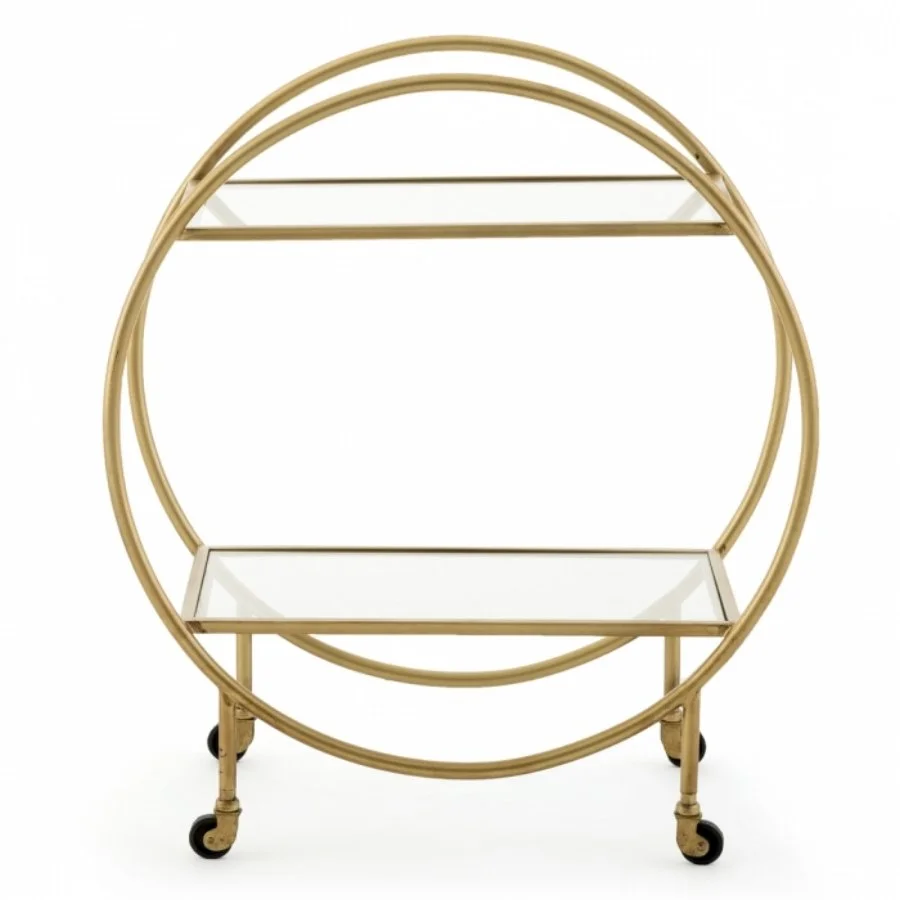 Circular brass-toned drinks trolley with glass shelves.