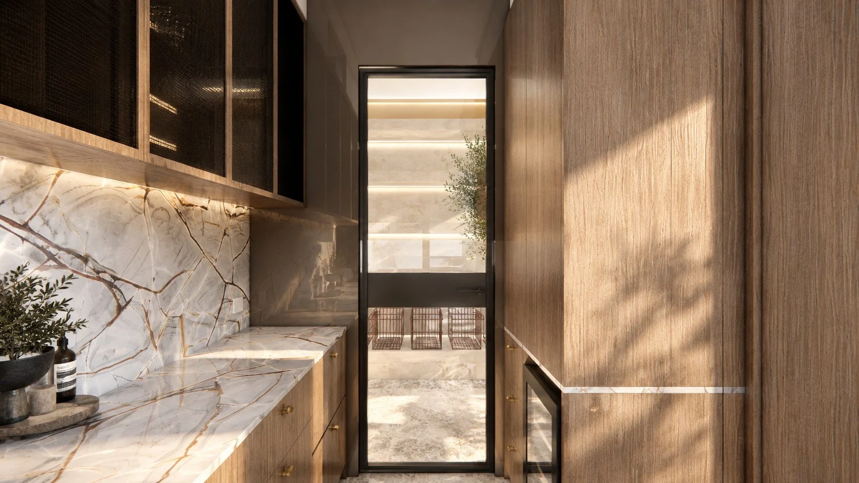 Alpine House pantry visualisation with timber shelving, a stone worktop and a glazed door.