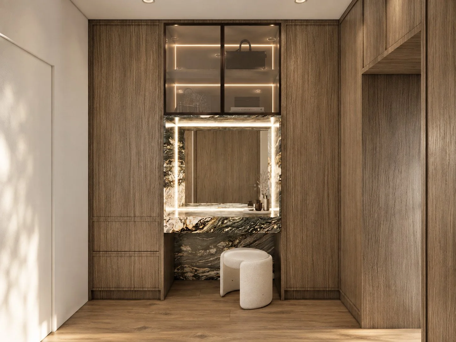 Umber vanity visualisation with timber cabinetry, an illuminated stone-framed mirror and a small upholstered stool.