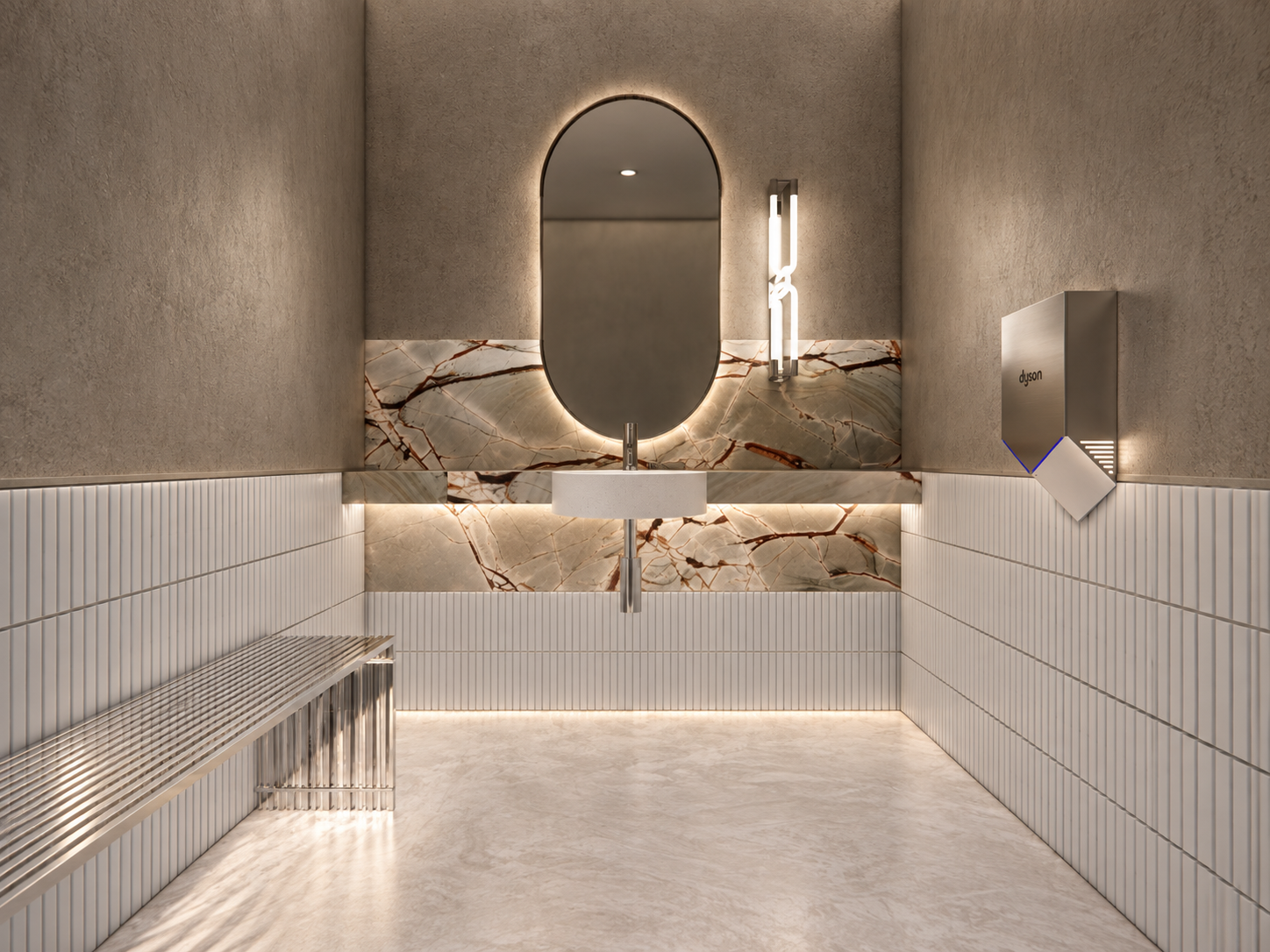 stone detailing, vertical tilework and warm lighting give the bathroom a polished, contemporary finish.