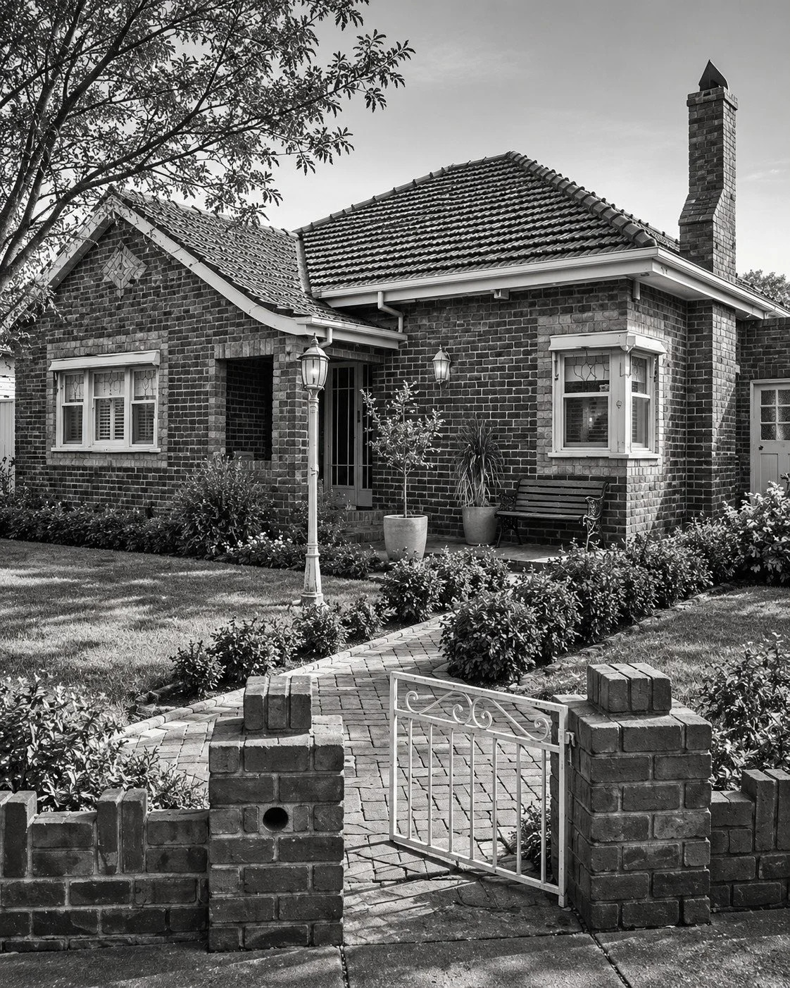 Botanica heritage-listed 1943 clinker brick home in Sunshine, with a tiled roof, leadlight windows and established front garden.