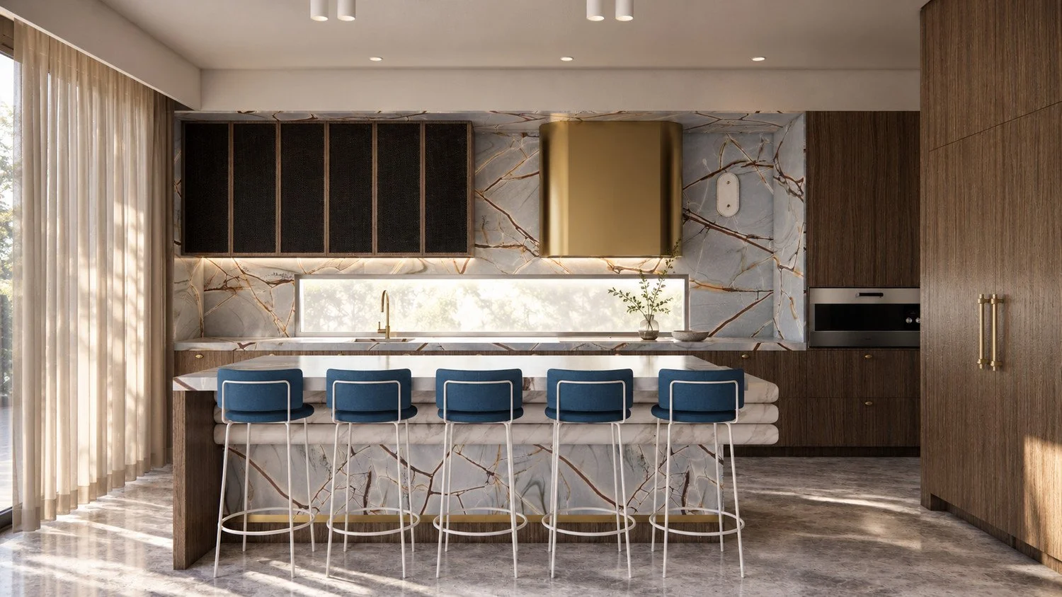 Alpine House kitchen visualisation with brass-toned cabinetry, a veined stone island and blue upholstered stools.