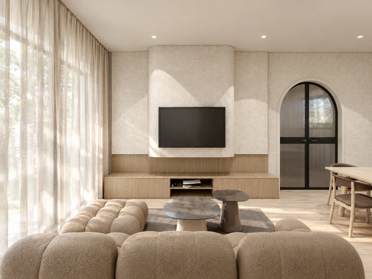 Botanica living room visualisation with neutral seating, timber media joinery and an arched doorway.
