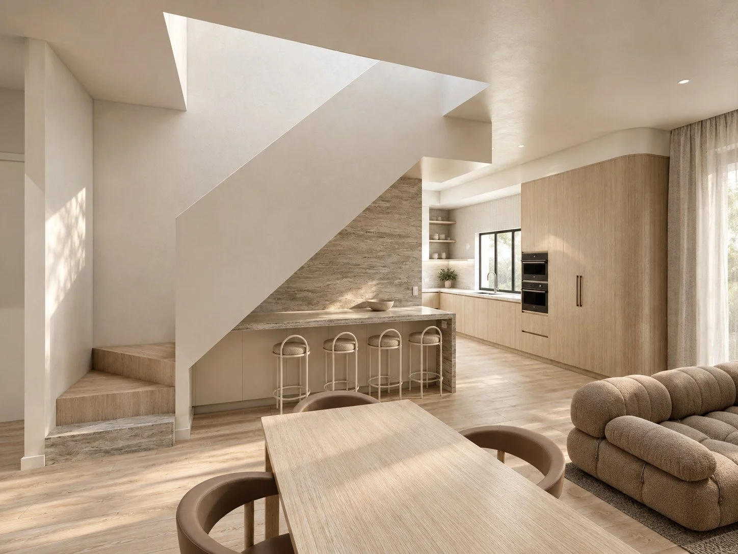 Botanica open-plan living and dining visualisation with pale timber joinery beneath the staircase.