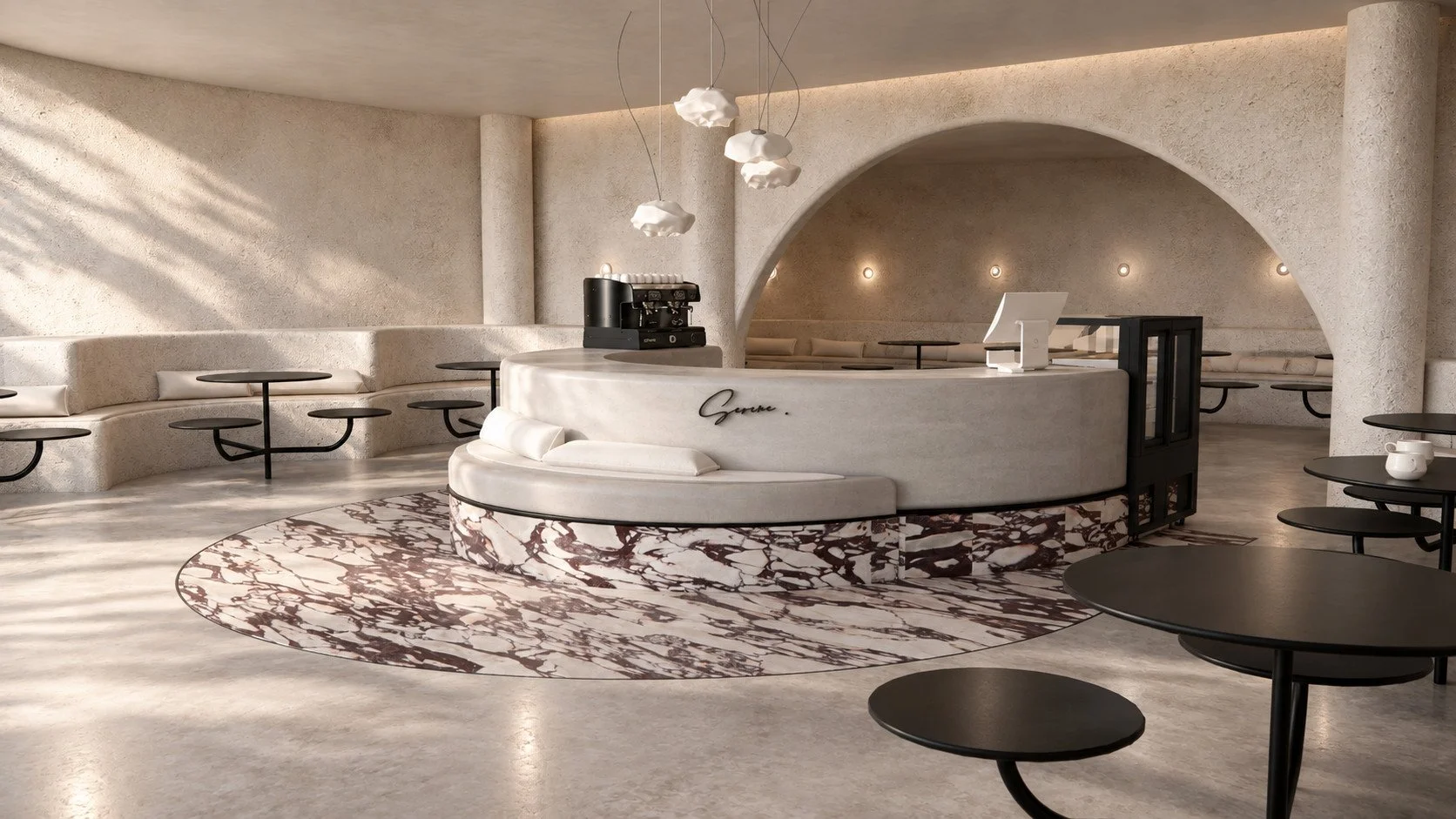 a central servery with integrated curved seating anchors the café concept, surrounded by sandy finishes, black tables and cloud-like pendants.