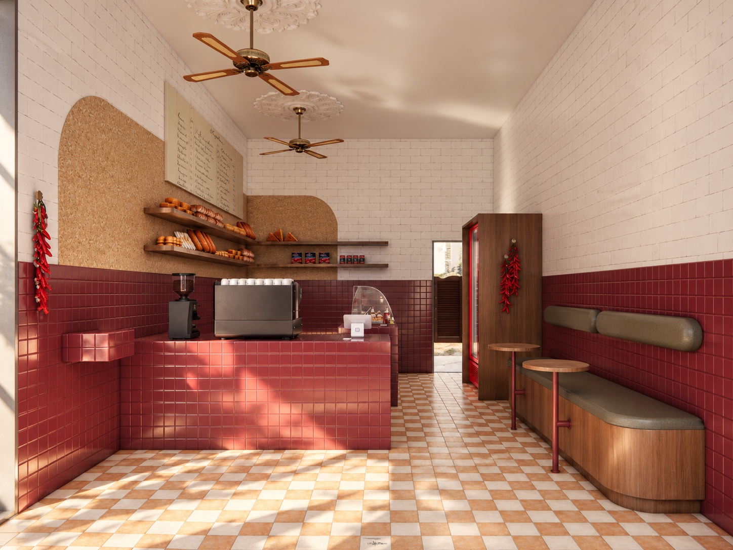 the entry brings together red tiling, checkerboard flooring and warm timber to establish the café’s character from the moment you arrive.