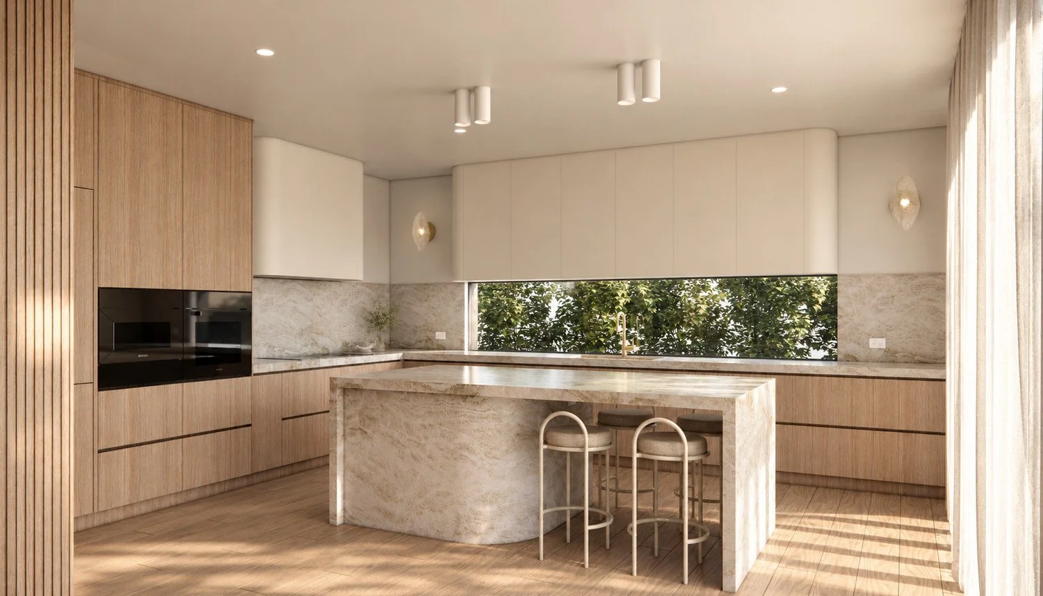 Pearl kitchen visualisation with a veined stone island, pale timber cabinetry, fluted panelling and a garden-facing window.